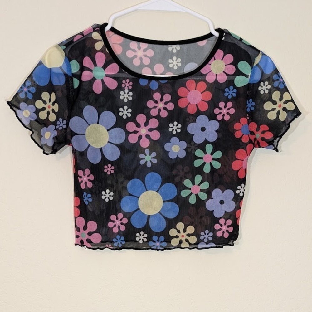 Retro Y2K Style Mesh Festival Crop Top Rave Grunge Psychedelic Flowers Small